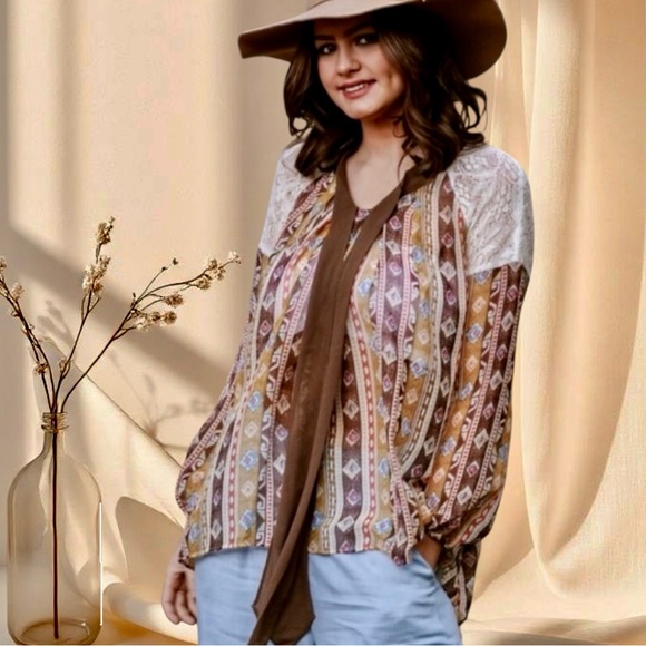 Entro Boho Aztec Neck-Tie Blouse | Sheer Patchwork Print Top - Picture 3 of 5